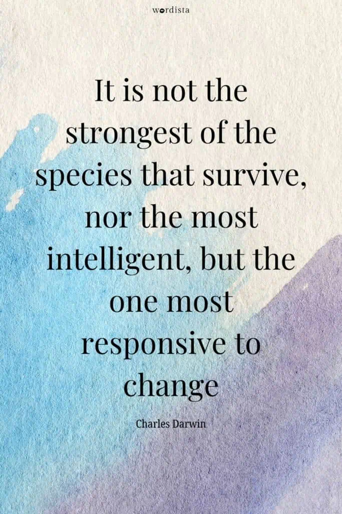 blue and purple watercolor background with a charles darwin quote "it is not the strongest of the species that survive, nor the most intelligent, but the one most responsive to change"