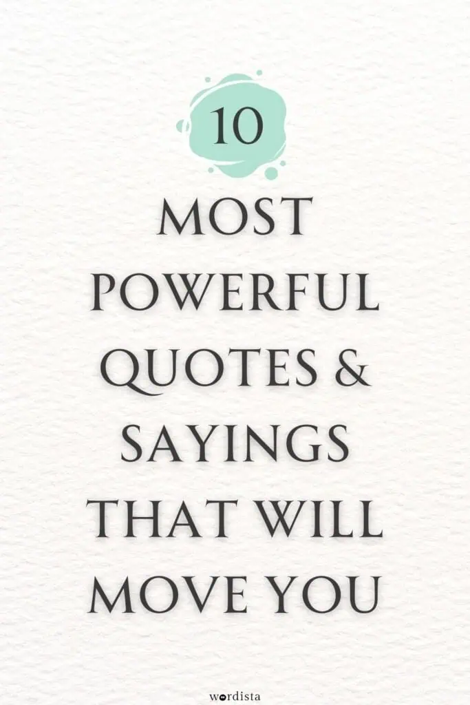 white textured background with the title "10 most powerful quotes & sayings that will move you" in bold text and a teal circular design with the number 10 at the top