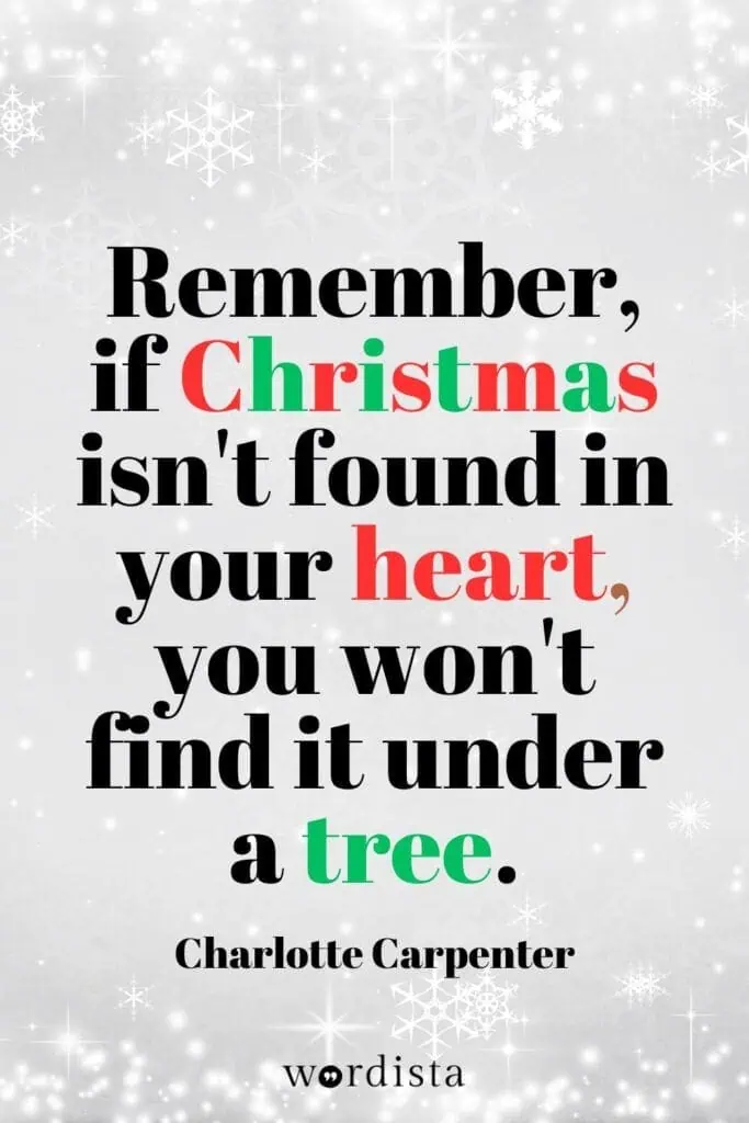 a snowy gray background with white snowflakes scattered throughout featuring a bold christmas quote in black red and green font reading remember if christmas isn’t found in your heart you won’t find it under a tree attributed to charlotte carpenter with wordista branding at the bottom