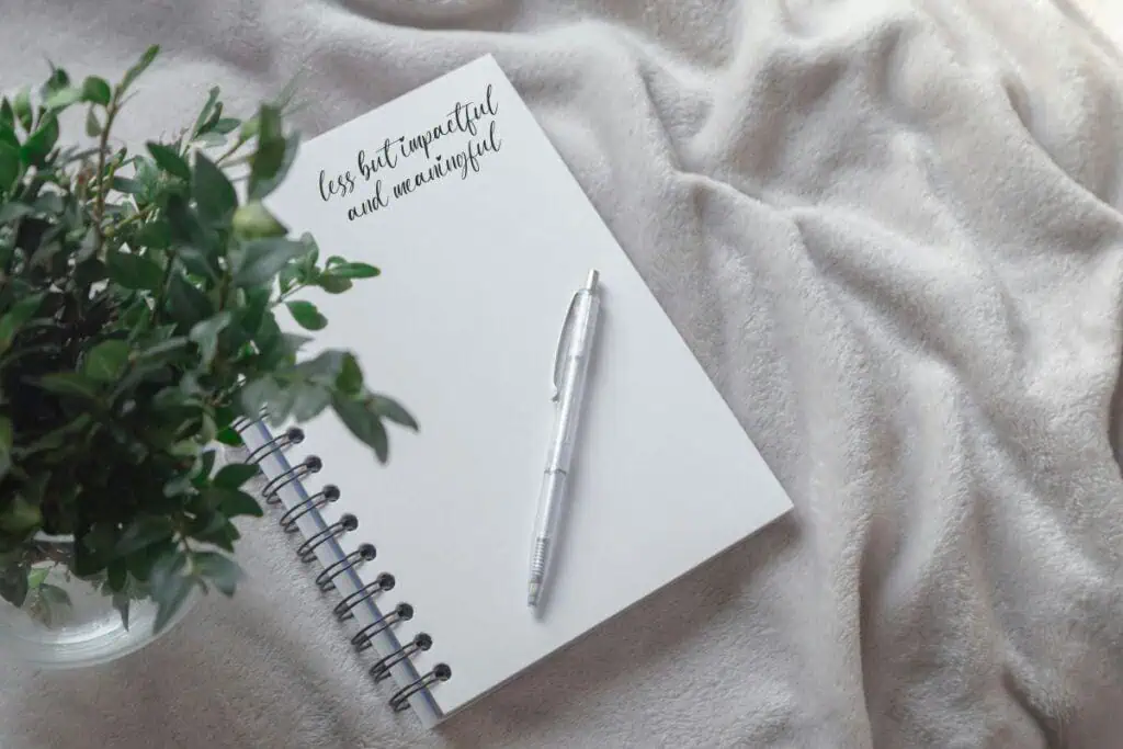 minimal journal with handwritten words ‘less but impactful and meaningful’ beside a clear pen and a small potted plant on a soft fabric background