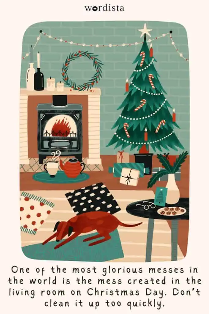 cozy christmas scene with a decorated tree, fireplace, gifts, and a dog resting on the floor, accompanied by a festive quote by andy rooney