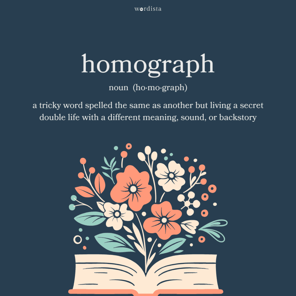 floral illustration blooming from an open book with the word "homograph" defined as a tricky word spelled the same as another but living a secret double life with a different meaning, sound, or backstory