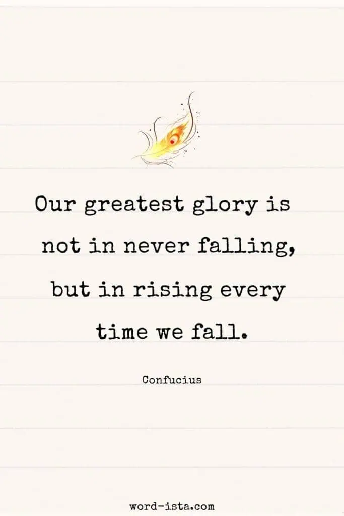 confucius quote on a minimalist beige background with a colorful feather illustration and typewriter-style font: 'our greatest glory is not in never falling, but in rising every time we fall'