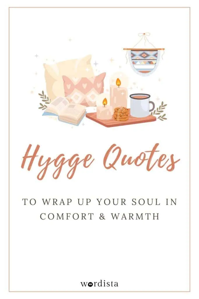 illustration of a cozy hygge scene with candles, cookies, a book, and a warm cup surrounded by pillows and soft decor
