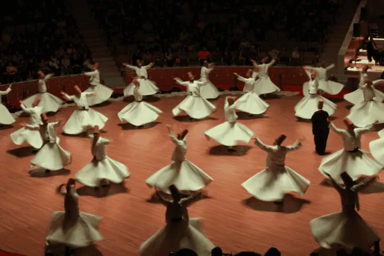 Whirling dervishes performing the Sufi dance in a spiritual ceremony, reflecting the essence of Rumi’s poetry and mysticism