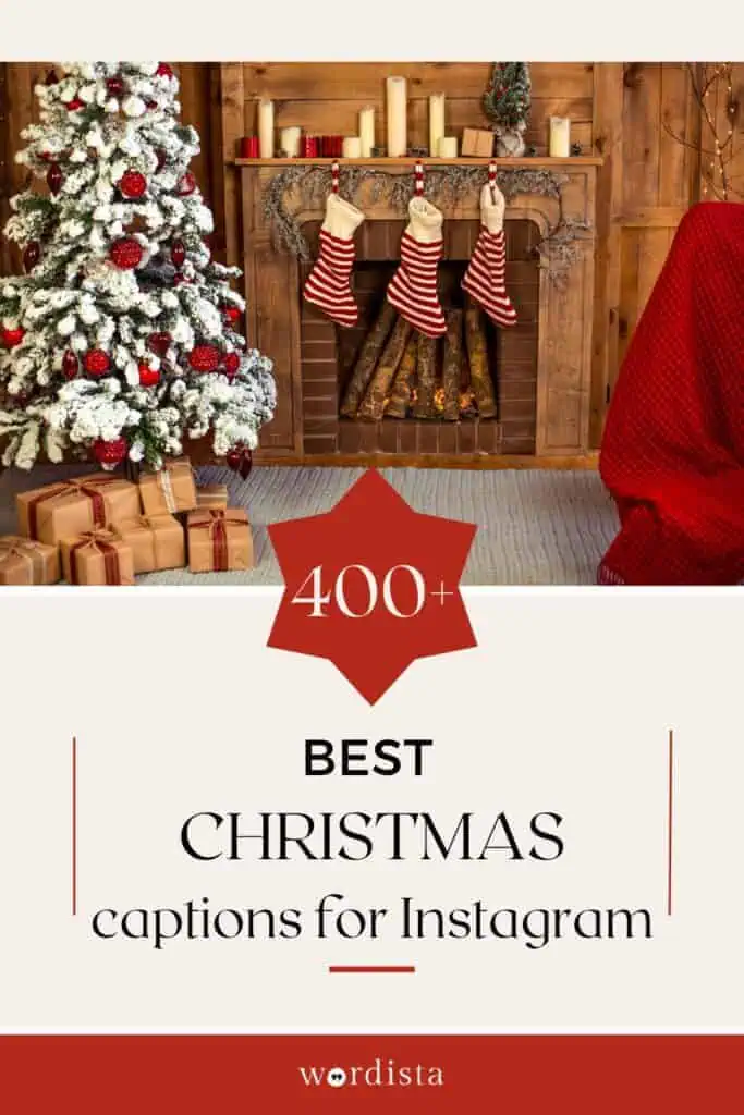 graphic with '400+ best christmas captions for Instagram' text, featuring a cozy fireplace, decorated tree, stockings, and gifts for pinterest inspiration