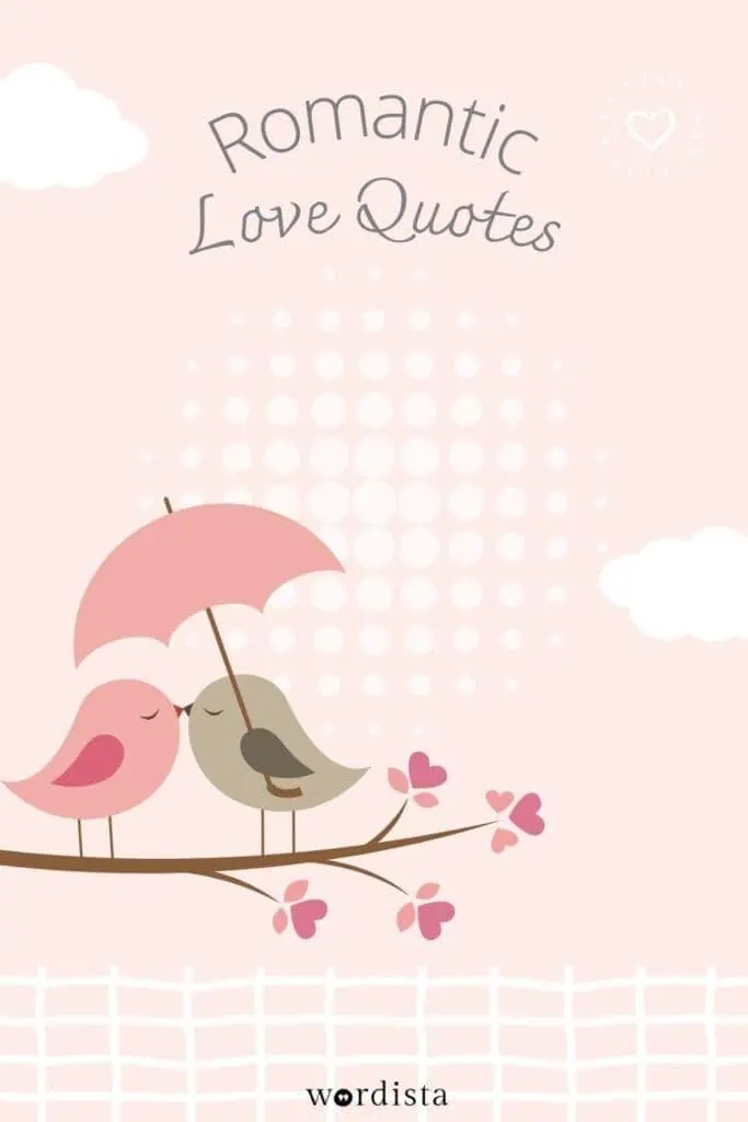 two birds sitting on a branch under a pink umbrella with romantic love quotes text above them