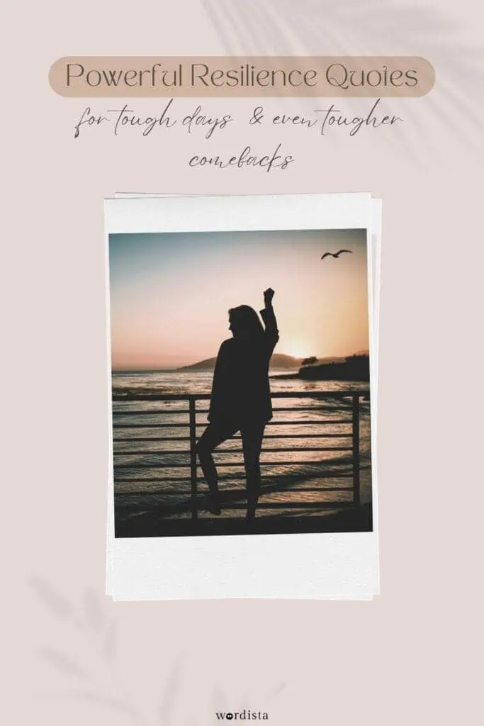 silhouette of a woman raising her fist at sunset near the ocean with the text "powerful resilience quotes for tough days and even tougher comebacks"