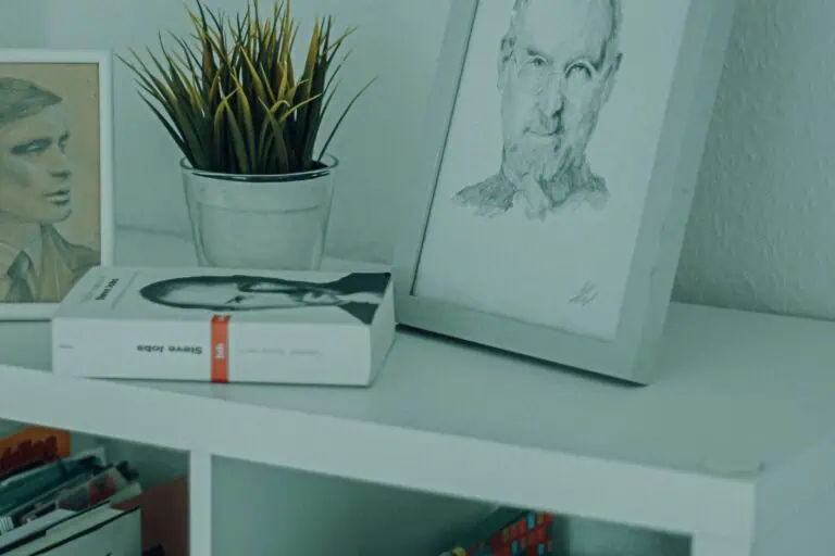 framed sketch of steve jobs placed on a white bookshelf beside books and a small potted plant