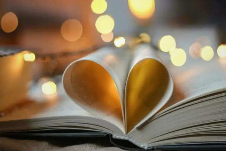 open book with pages folded into a heart shape, glowing in soft golden fairy lights