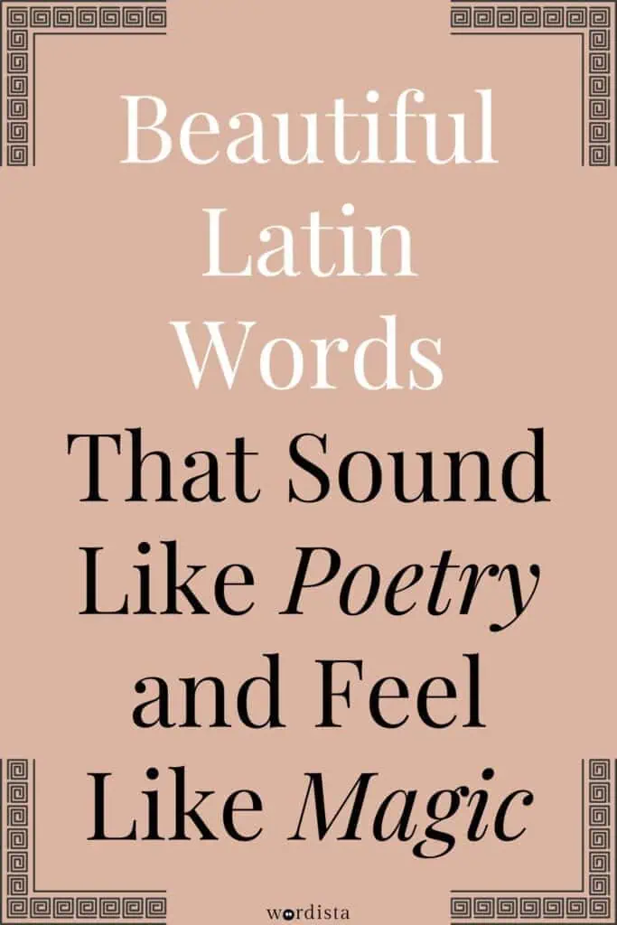 aesthetic pinterest pin with text 'beautiful latin words that sound like poetry and feel like magic' in elegant serif font with greek key corner accents on a blush background