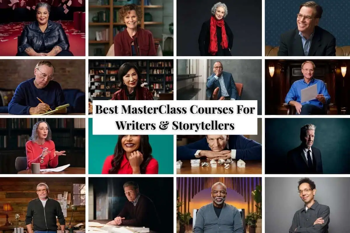 collage of masterclass writing instructors like margaret atwood, judy blume, james patterson, and aaron sorkin with text best masterclass courses for writers and storytellers