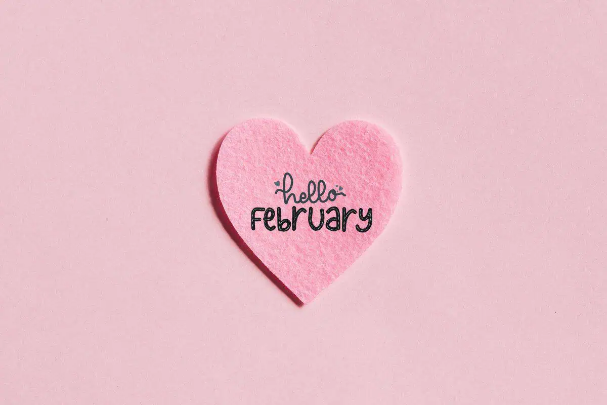pink heart cutout with “hello february” written on it against a soft pink background