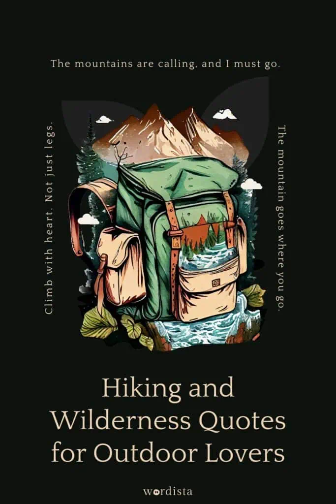 illustrated hiking poster with backpack mountains and wilderness quotes text