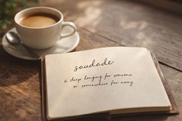 open notebook on wooden table with handwritten creative travel words and soft natural light