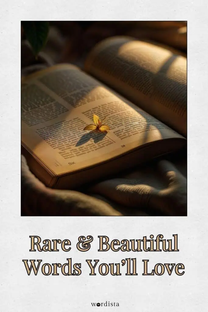 rare and beautiful words featured on an open book with warm light, showcasing beautiful words for word lovers and readers