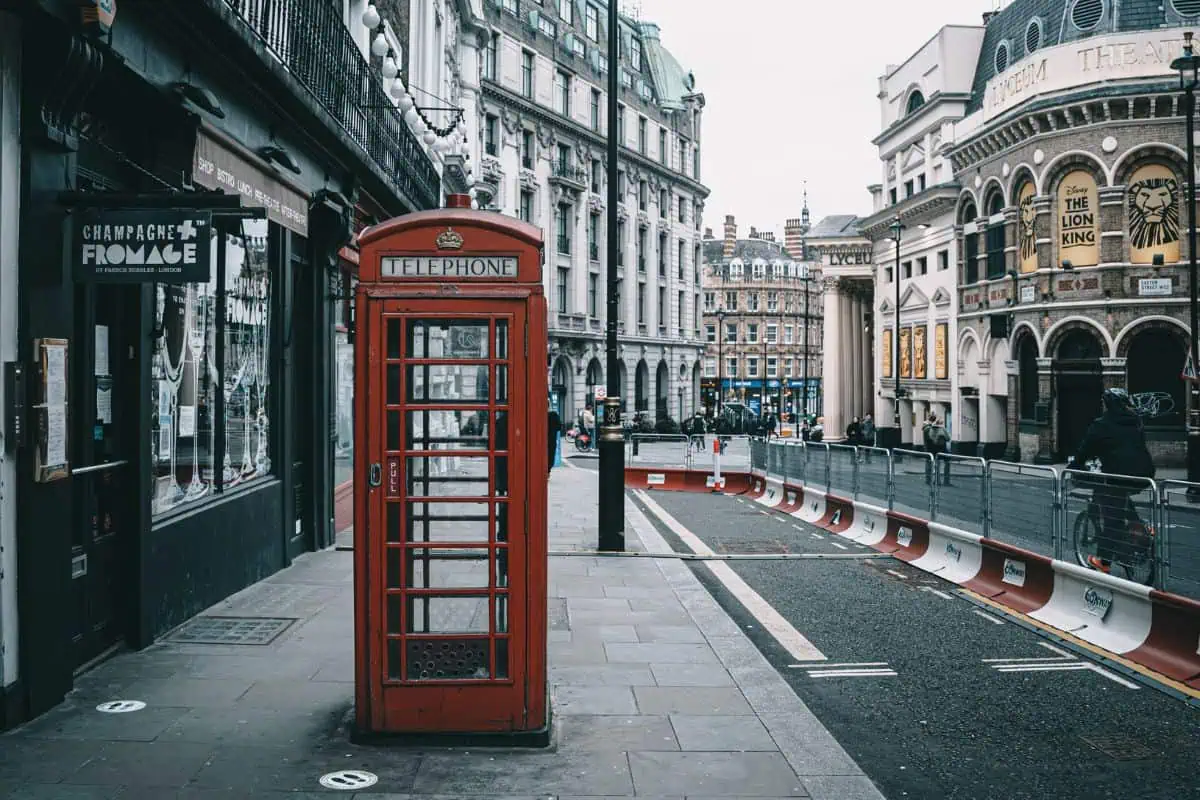 red telephone booth on a quiet london street